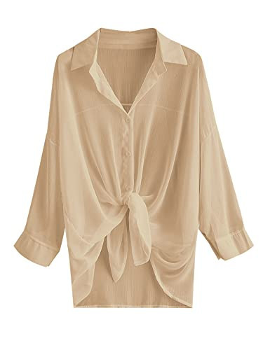 ZAFUL Women's Long Sleeve Beach Shirt Blouses Bathing Suit Cover Up Button Down Collar (2-Light Coffee, One Size) | Amazon (US)