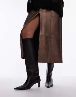 Topshop Taz premium leather knee high heeled boots in black | ASOS (Global)