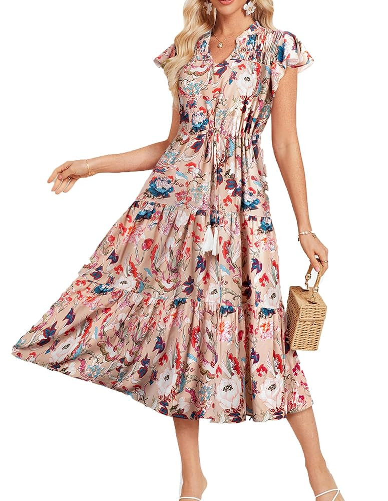 GRACE KARIN Womens Summer Floral Midi Dresses Short Sleeve Beach Wedding Guest Dress Drawstring L... | Amazon (US)