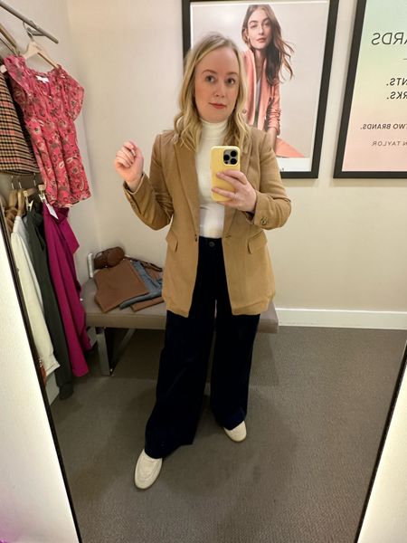 So excited for this blazer. Wearing an 8 and went with a 10 petite. Pants are lighter than they appear but are a bit darker than bright navy  