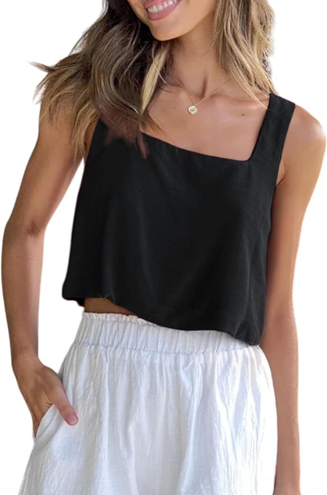 Allimy Women's Summer Thick Shoulder Straps Crop Tops Square Neckline Tank Tops | Amazon (US)