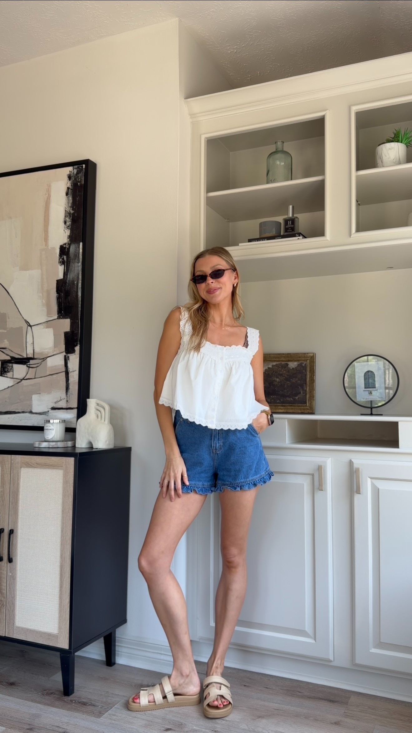 Cute casual summer outfit inspo! Wearing S in top and 2 in denim shorts.  

 