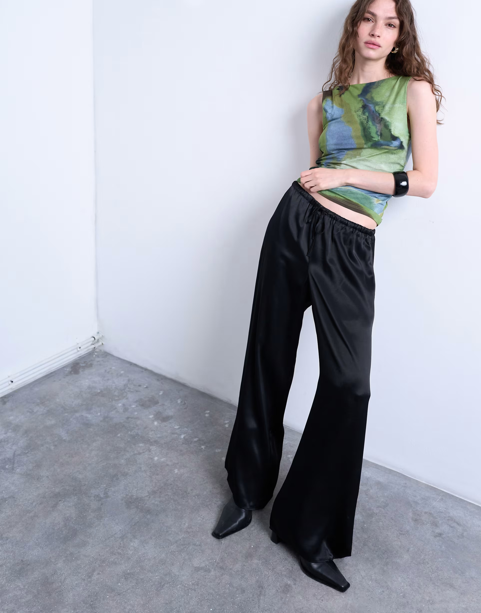 Topshop satin tie waist wide leg trouser in black | ASOS (Global)