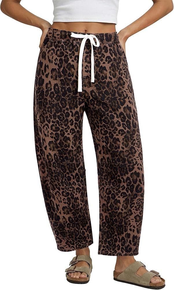 GRAPENT Barrel Jeans for Women Trendy High Waisted Pull On Wide Leg Cropped Leopard Cheetah Print... | Amazon (US)