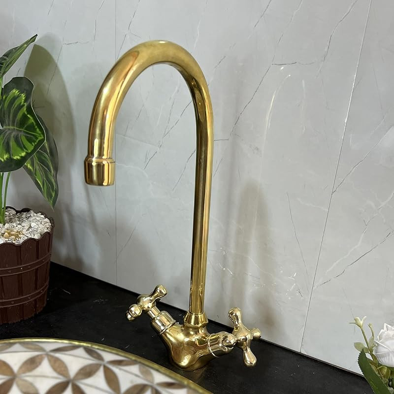 Unlacquered Brass Gooseneck Faucet, Lever Handles Faucet, Engraved Kitchen Faucet Bathroom (Style... | Amazon (US)