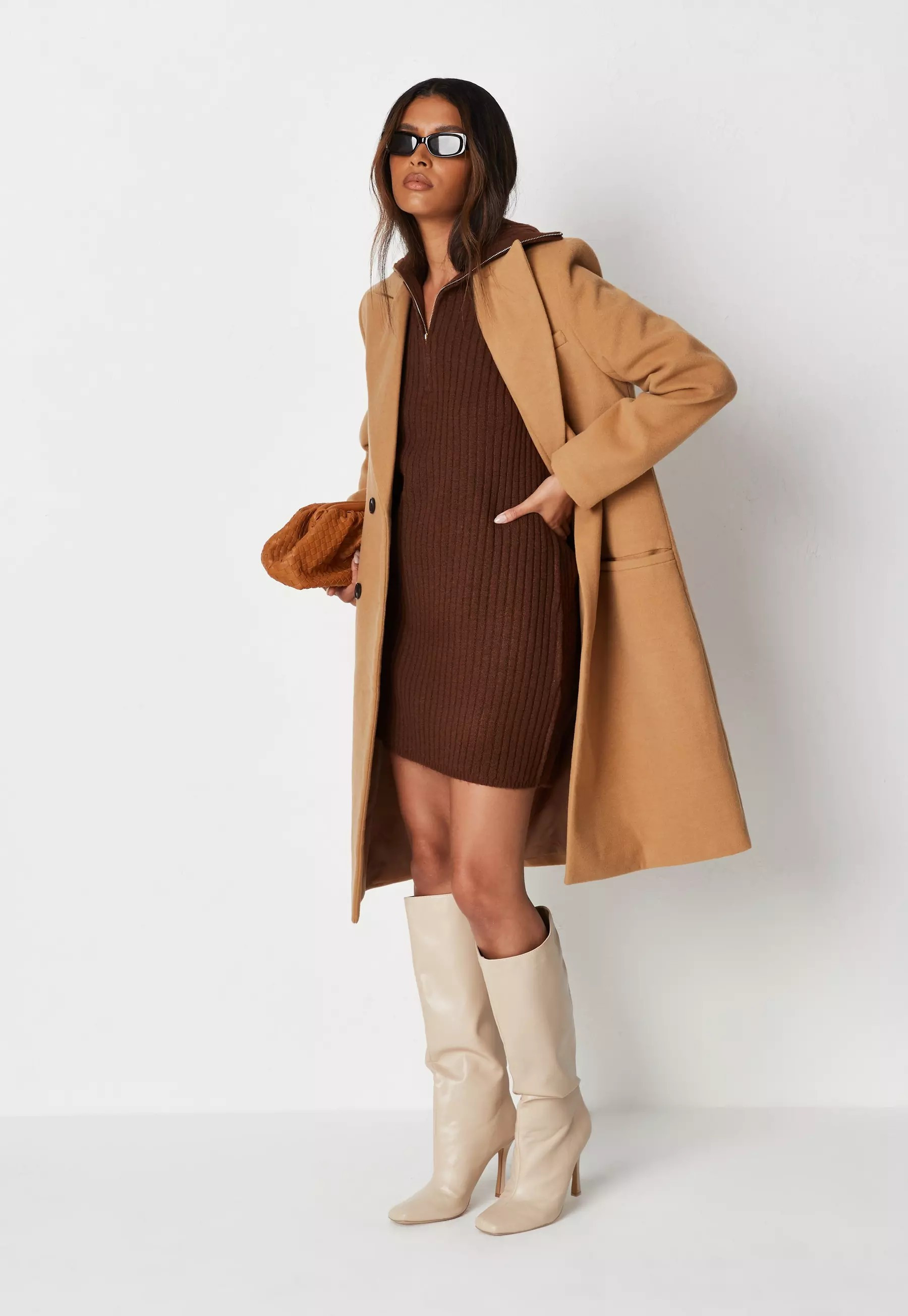 Chocolate Rib Knit Collared Half Zip Mini Dress | Missguided (US & CA)