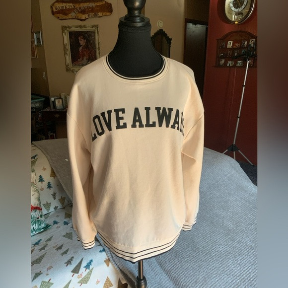 A New Day Women’s Cream With Black Trim Love Always Sweatshirt Size Large soft | Poshmark