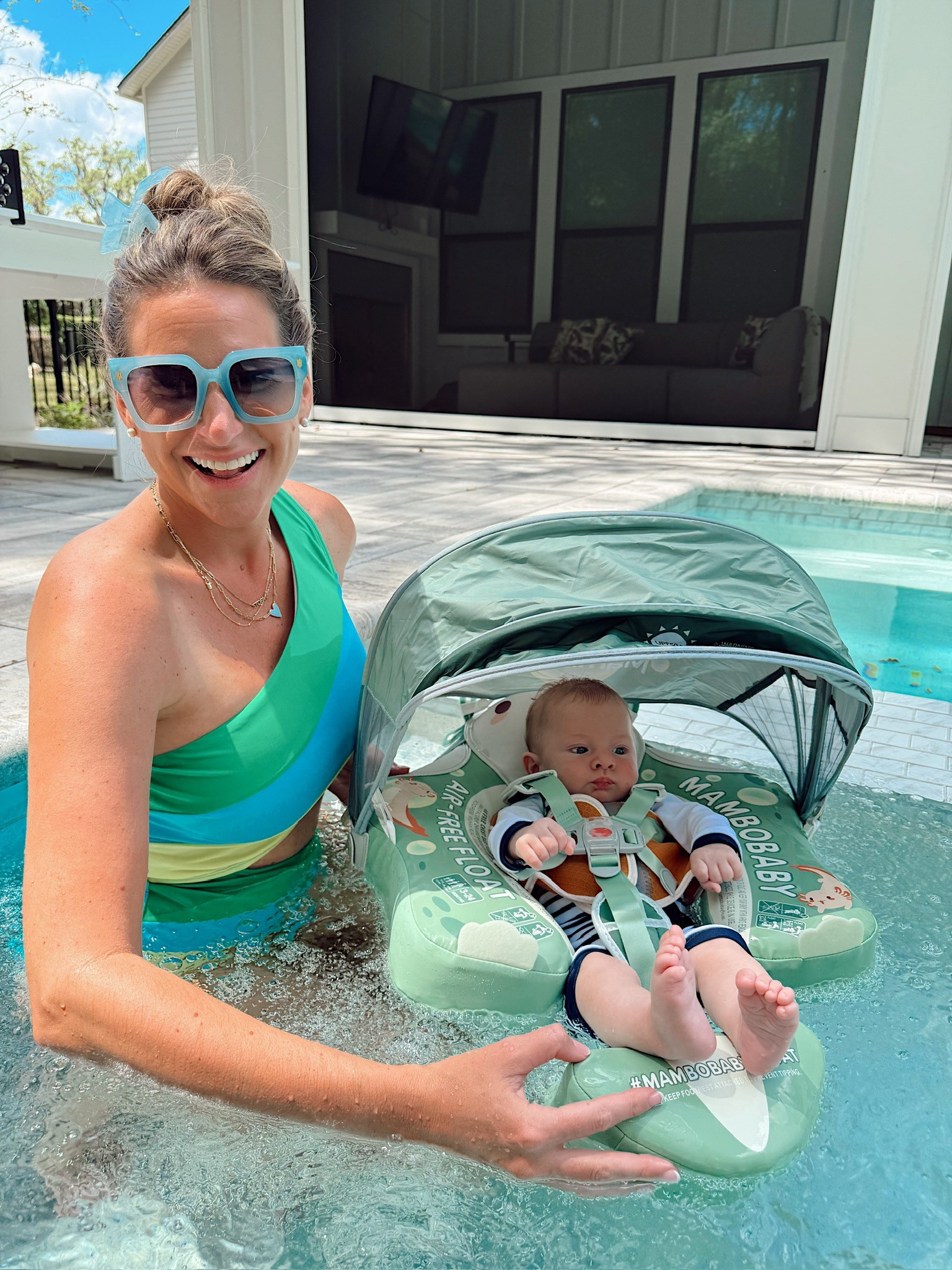 In a large one piece cutout swimsuit but should have done a medium, sunglasses and baby boys float and outfit! 

#LTKFindsUnder50 #LTKBaby #LTKFamily