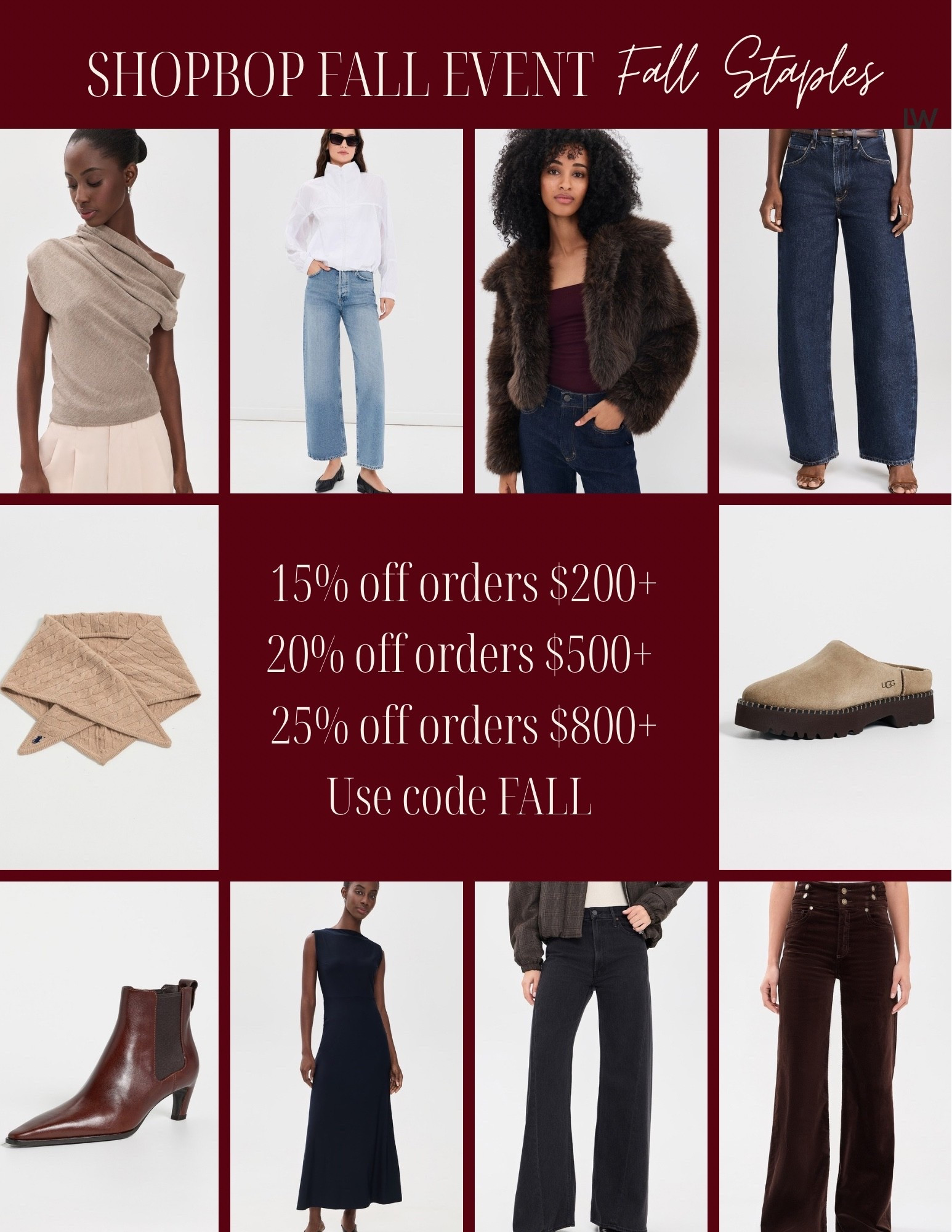 Shopbop Fall Event is Here!
15% off orders $200+  
20% off orders $500+   
25% off orders $800+  
Use code FALL