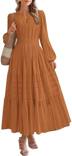 BTFBM Fall Dresses for Women 2025 Casual Long Sleeve V Neck Elastic Waist Lightweight Maxi Weddin... | Amazon (US)