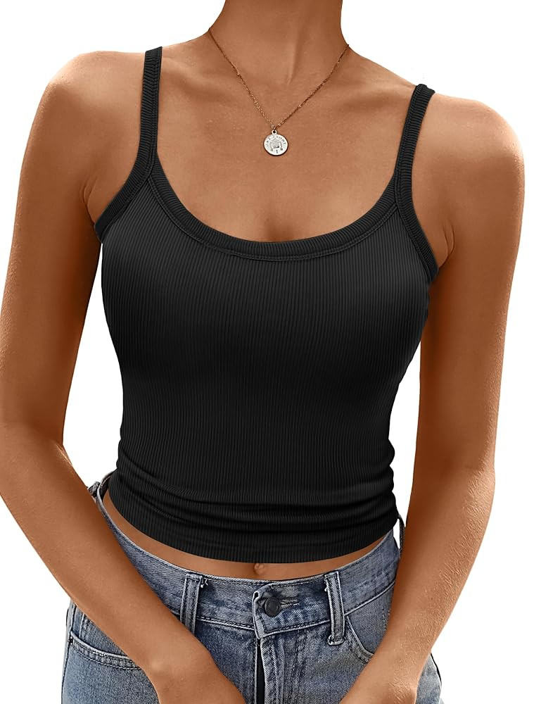 Ribbed Tank Tops for Women 2025 Spaghetti Strap Scoop Neck Slim Fitted Basic Sleeveless Casual Wo... | Amazon (US)