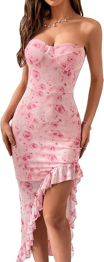 SOLY HUX Women's Floral Print Irregular Ruffle Hem Tube Dress Strapless Bodycon Evening Party Max... | Amazon (US)