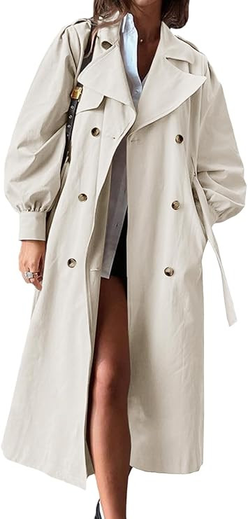 Tankaneo Womens Long Trench Coat Fall Fashion Oversized Double Breasted Lapel Overcoat Outerwear ... | Amazon (US)
