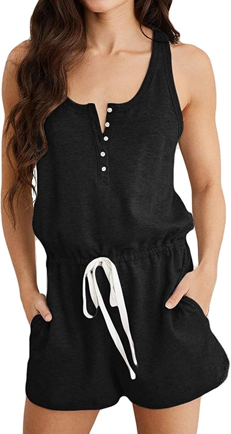 MILLCHIC Women's Jumpsuits Sleeveless Button Down Elastic Waisted Short Rompers with Pockets | Amazon (US)