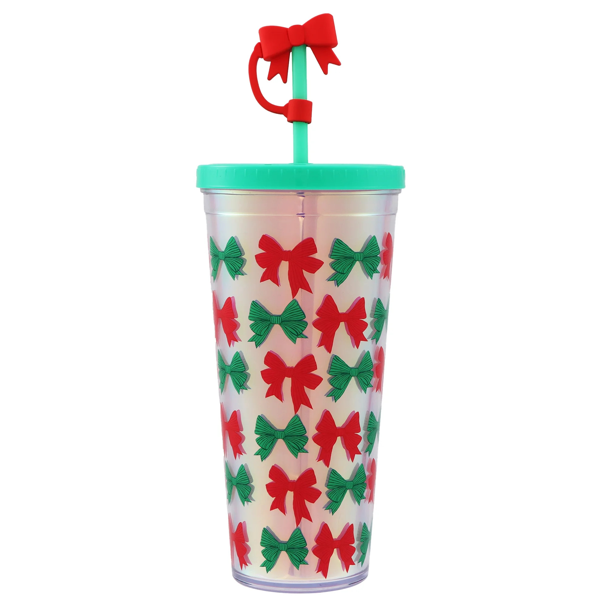 Plastic Double-Walled Christmas Bow Tumbler with Straw and Lid, Green and Red, 25 fl oz, by Holid... | Walmart (US)