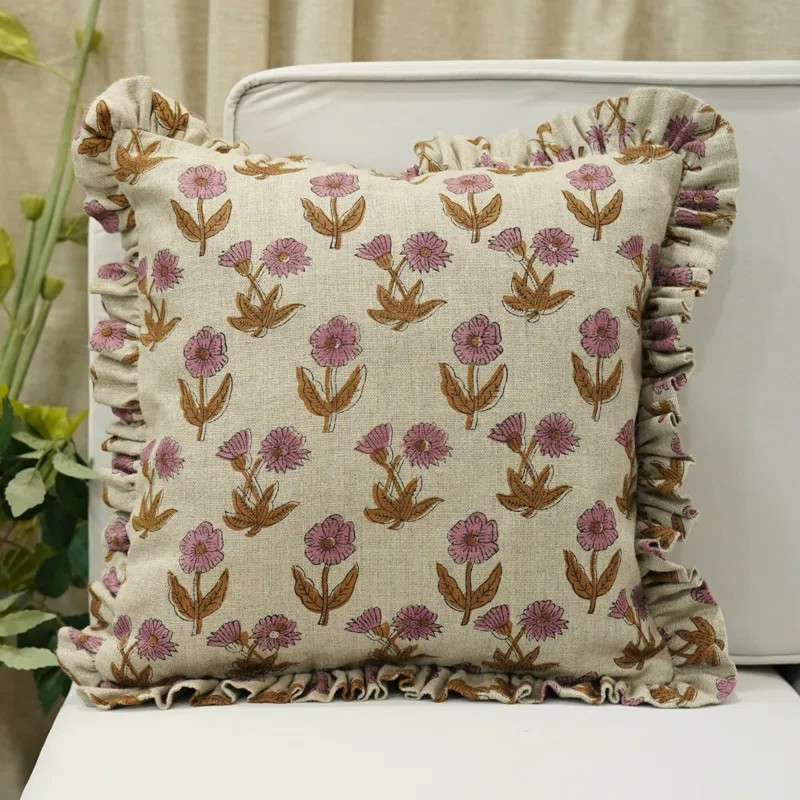 Fabdivine Hand Block Print Double Side Floral Linen Fabric Frill Pillow Cover for Home Décor | W... | Wayfair North America