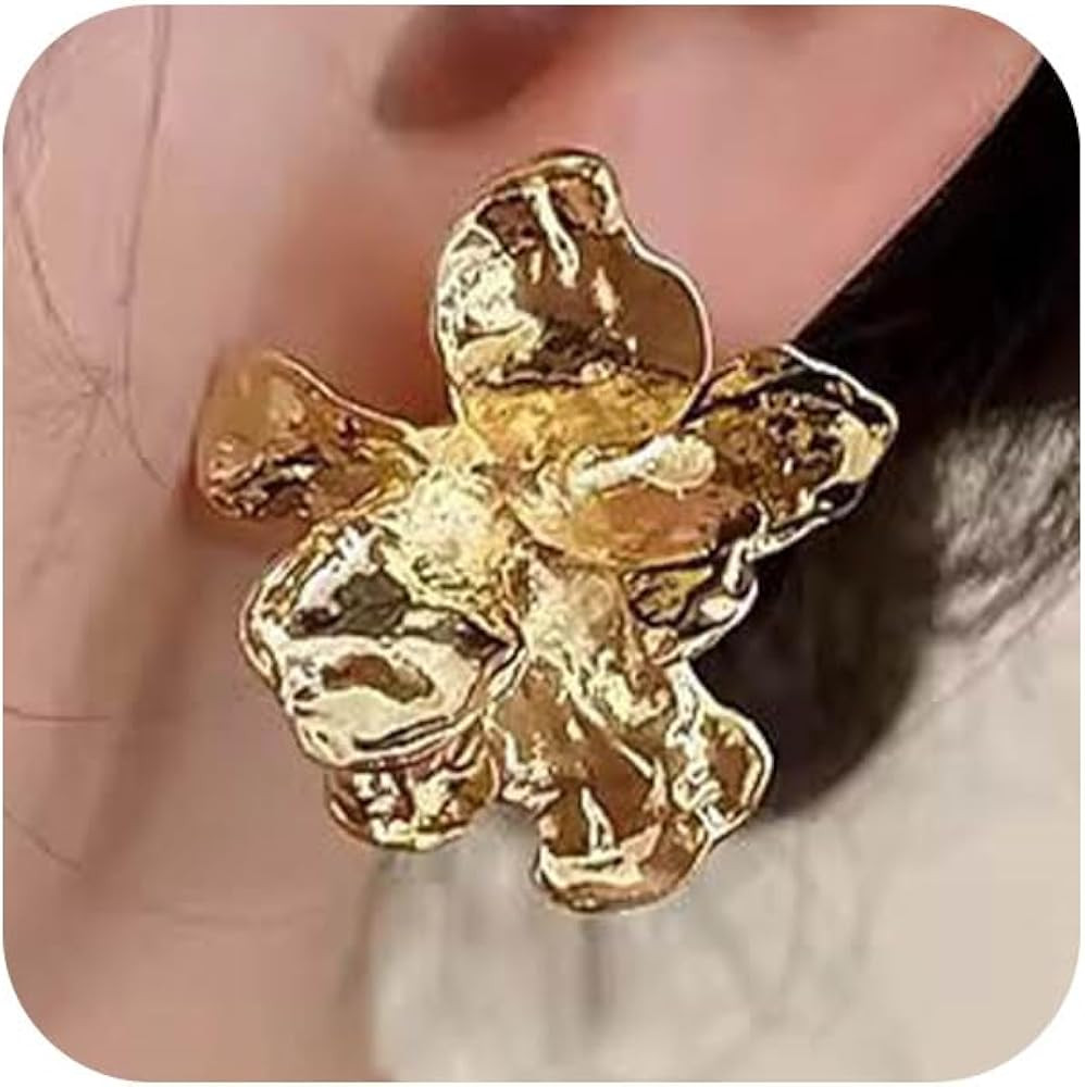 Gold Statement Big Metal Flower Earrings for Women Trendy Vintage Irregular Geometry Floral Stud ... | Amazon (US)