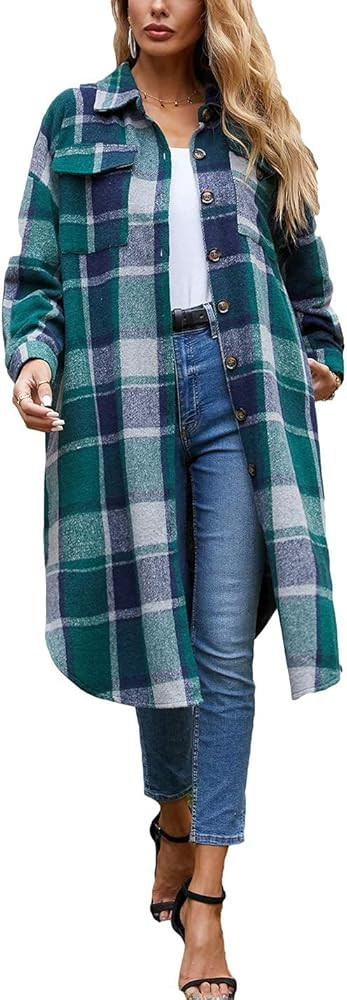 Omoone Women's Lounge Lapel Button Up Long Sleeve Plaid Long Shirt Jacket Shacket | Amazon (US)