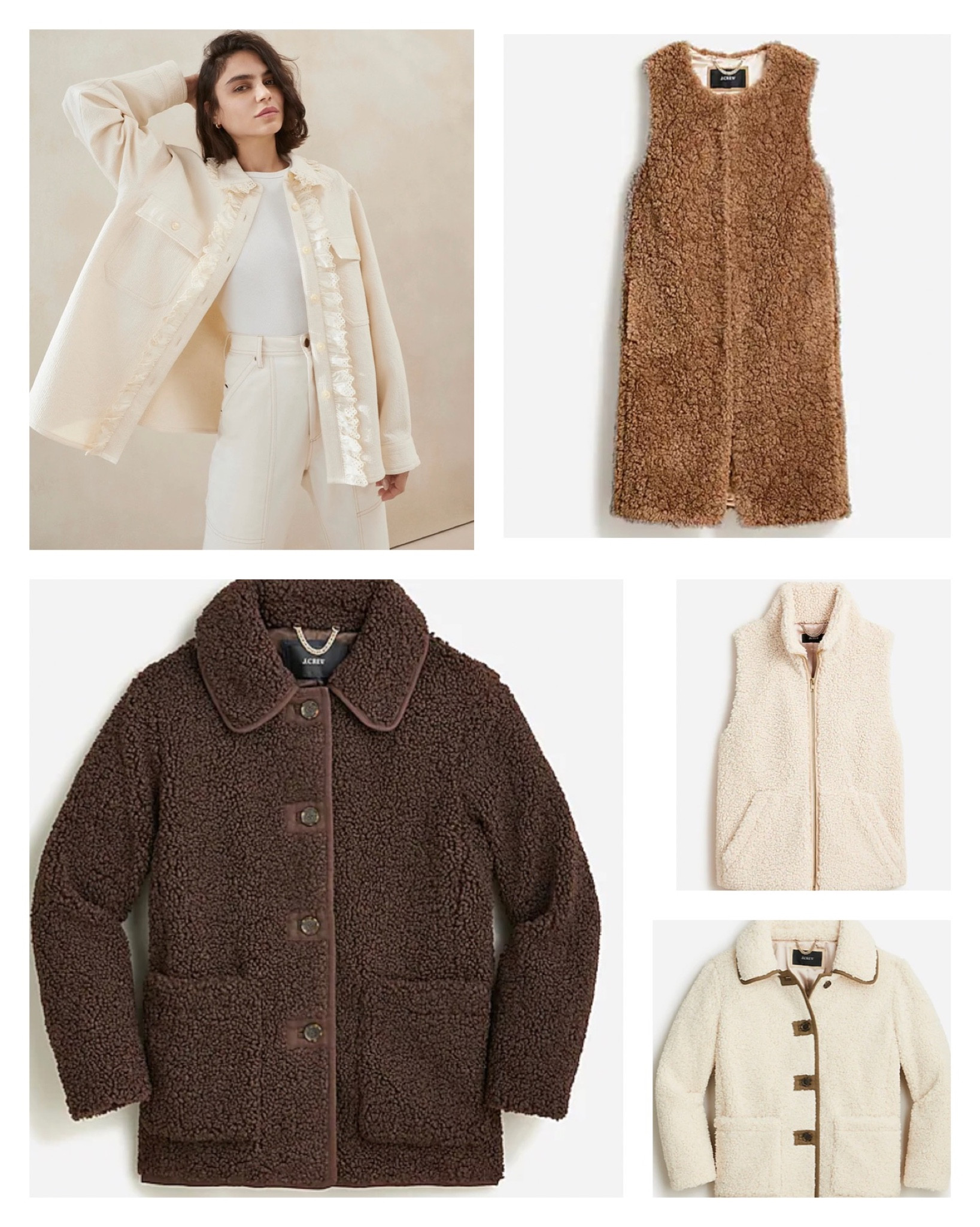 Fall coats, fall jackets, fall style, Sherpa jacket, vest, eyelet coat, Sherpa coat, teddy jacket, J. Crew, Loeffler Randall 

#LTKunder100 #LTKSeasonal