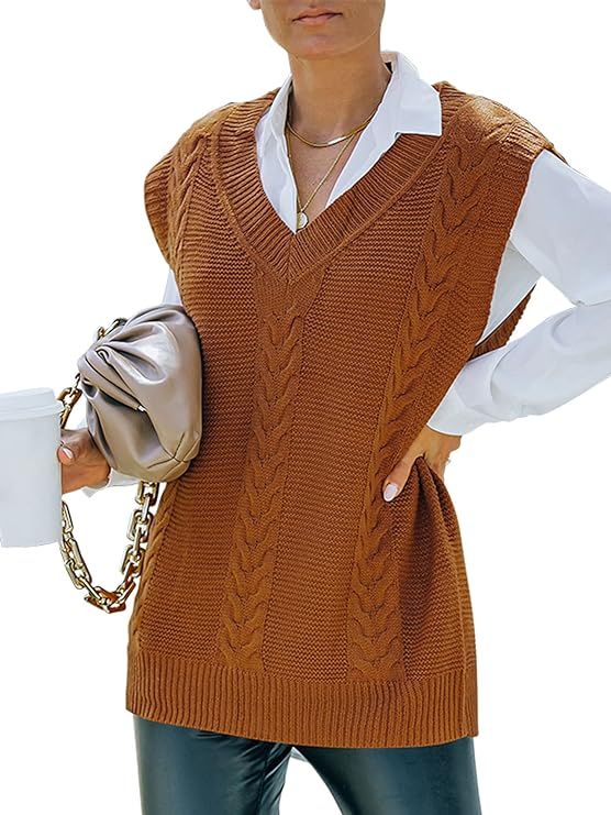 LIOMENGZI Women's V-Neck Knit Sweater Vest Solid Color Style Sleeveless Crop Knit Vest Knitwear T... | Amazon (US)