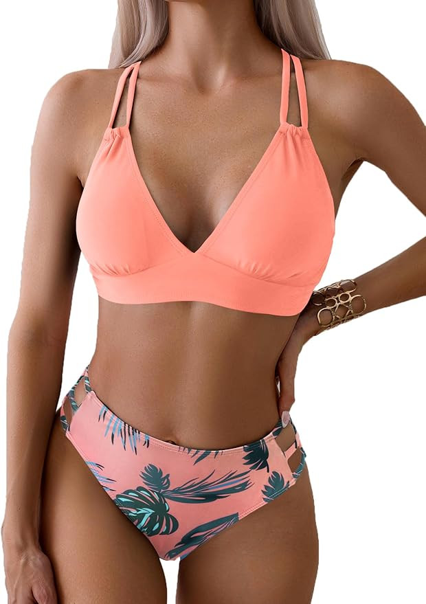 Fanuerg Women's Sexy V Neck Bikini Sets Hollow Out Two Piece Swimsuits Cutout Mid Waist Bathing S... | Amazon (US)