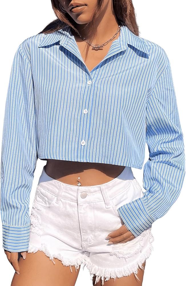 SweatyRocks Women's Striped Button Down Cropped Shirt Long Sleeve Collared Crop Top Blouse | Amazon (US)