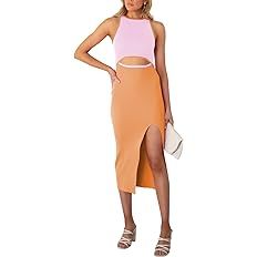 Pink Queen Women's Summer Cutout Midi Dress Crew Neck Sleeveless Tank Slit Ribbed Bodycon Dresses | Amazon (US)