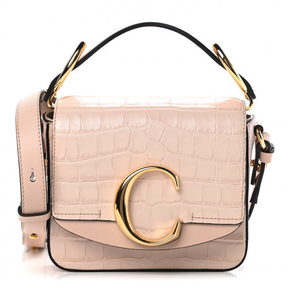 CHLOE Calfskin Crocodile Embossed Mini C Double Carry Cement Pink | Fashionphile