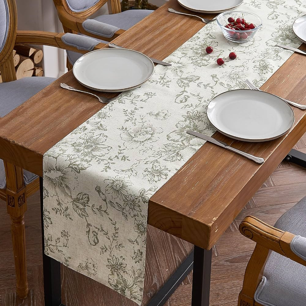 jinchan Floral Linen Table Runner for Kitchen Farmhouse Table Cloth with Sage Flower Print 13 x 7... | Amazon (US)