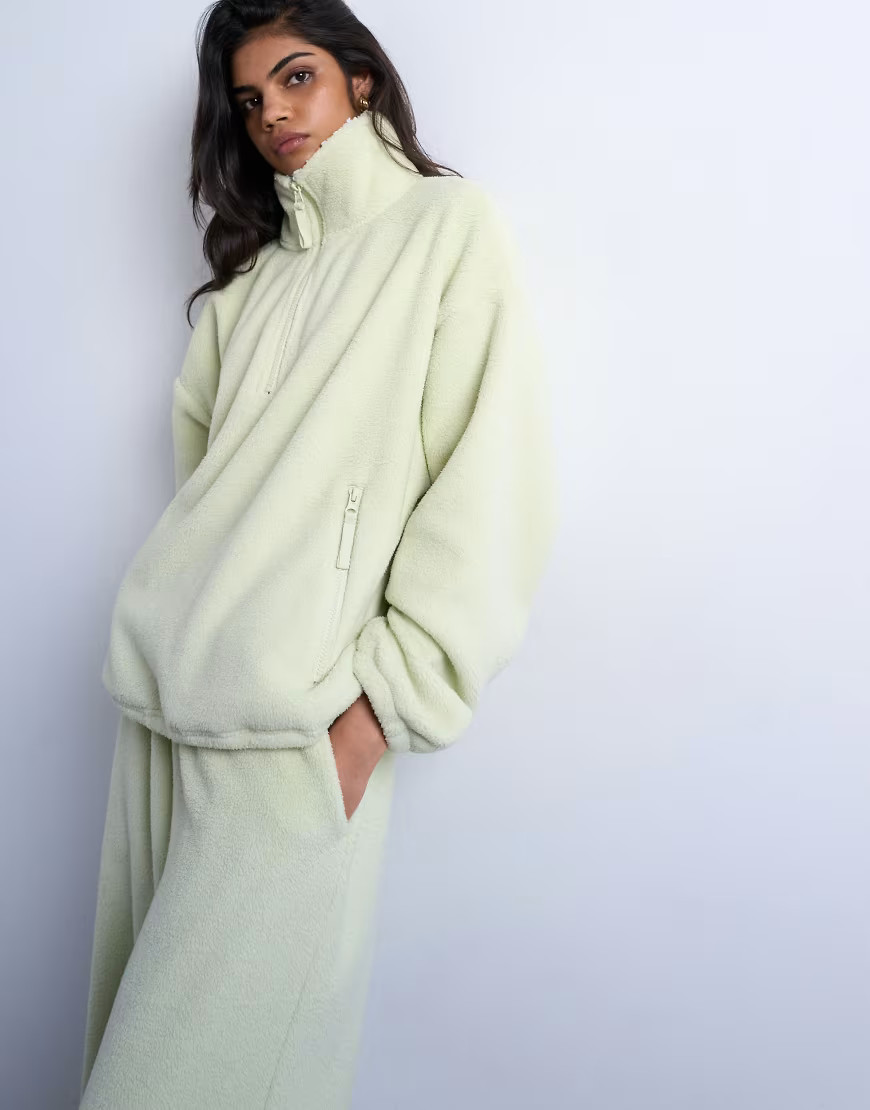 Topshop teddy fleece funnel quarter zip sweatshirt in lime green - part of a set | ASOS (Global)