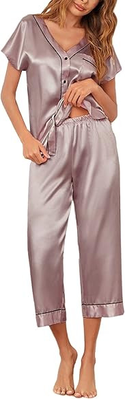 Ekouaer Women Satin Pajamas Set Button Up Nightgown Short Sleeve V-Neck Sleepwear Two Piece Short... | Amazon (US)