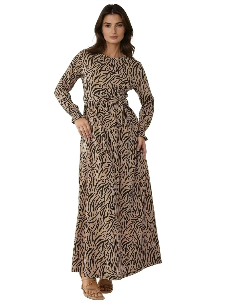 Printed Crew Neck Maxi Dress with Belt | Walmart (US)