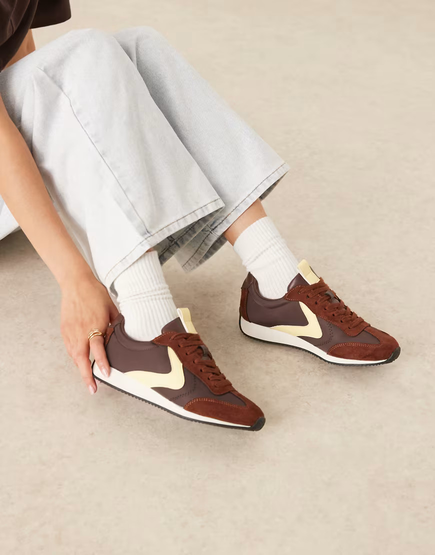 ASOS DESIGN Daily lace up running sneakers in brown and yellow-Multi | ASOS (Global)