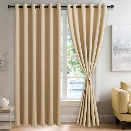 JIUZHEN Beige Blackout Curtains with Tiebacks - Thermal Insulated, Light Blocking and Noise Reducing Grommet Curtains for Bedroom and Living Room, Set of 2 Window Curtain Panels, 70 x 84 Inch Length | Amazon (US)