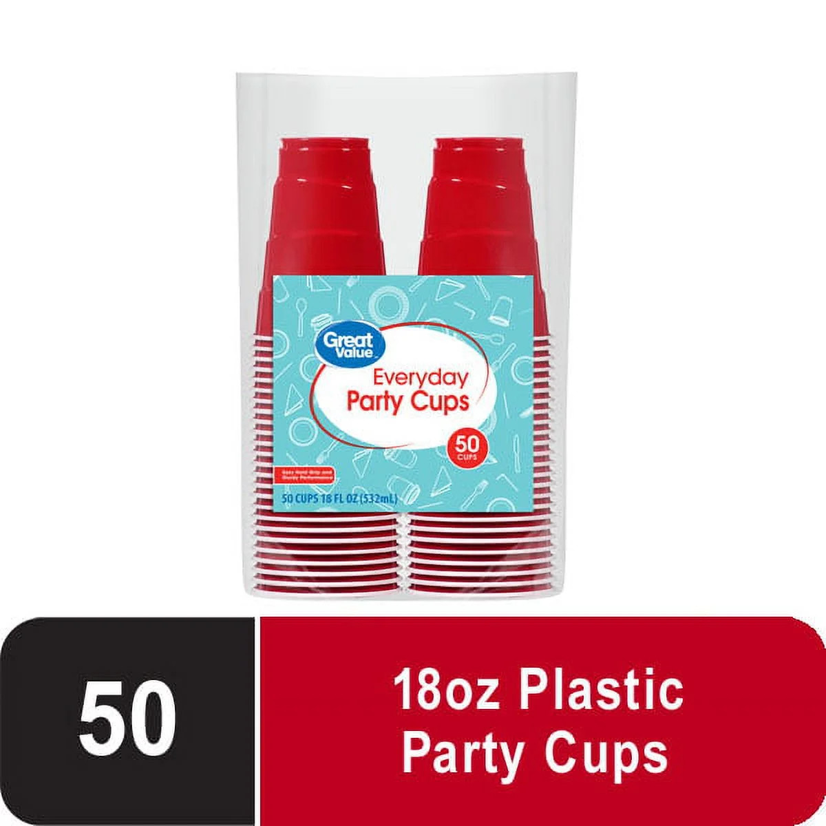 Great Value Everyday Disposable Plastic Party Cups, Red, 18 oz, 50 Count | Walmart (US)