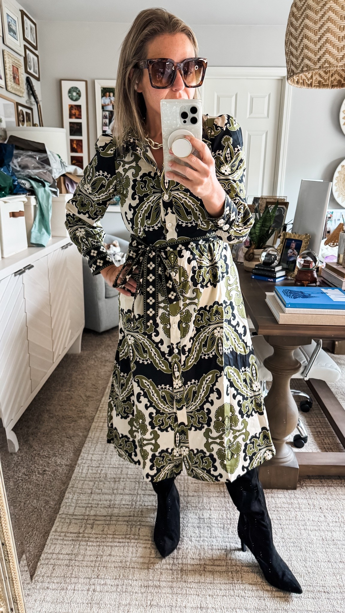 This pretty midi/maxi dress gifted by @Boden (US) is gorgeous for fall! Loving the pattern and color and the detail of the tie waist. 5’3” wearing a 4P. 20% off with code 3V6V today! Cotton shirt dress buttons all the way down.

#LTKOver40 #LTKSaleAlert #LTKPetite