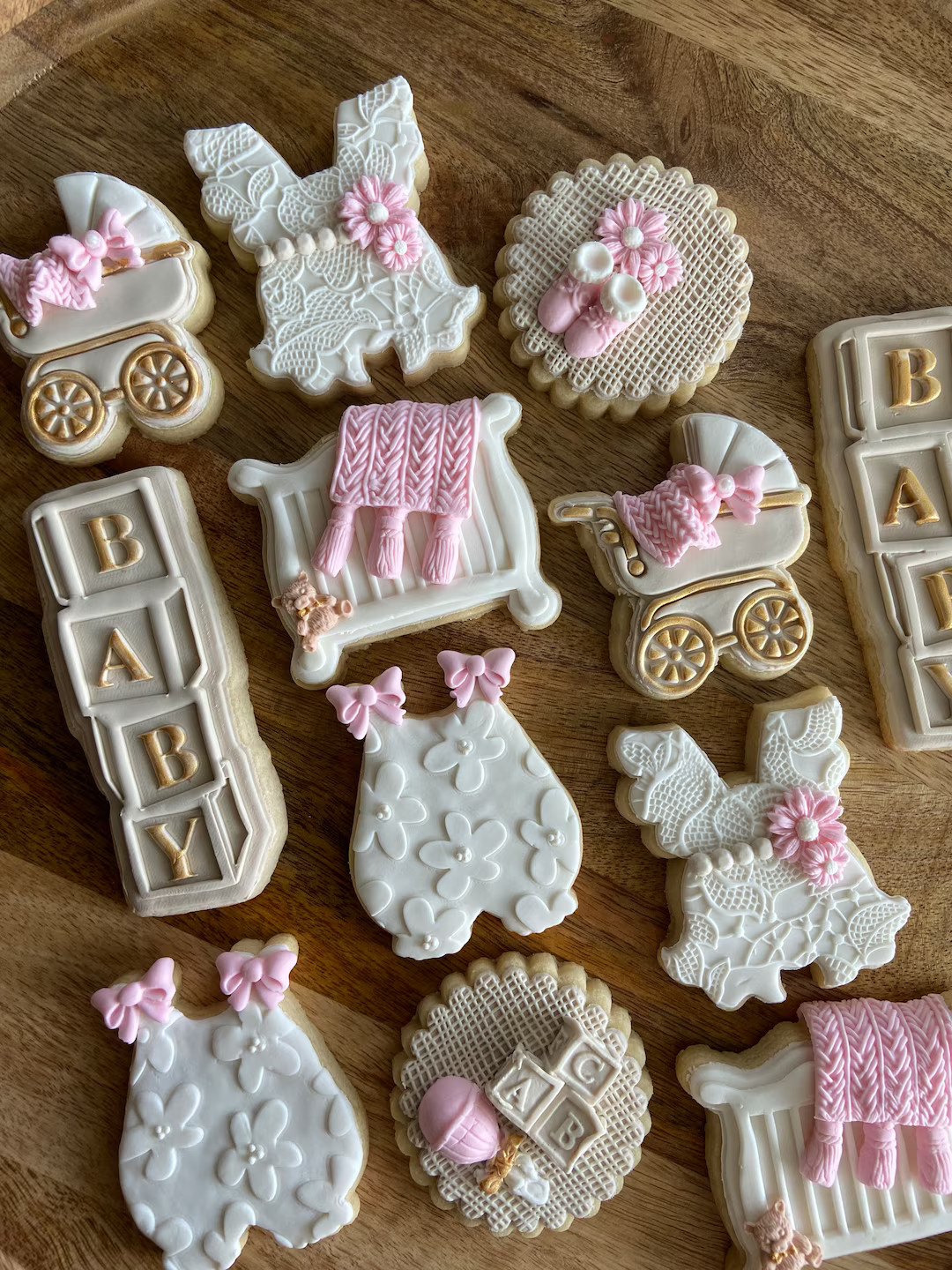 baby girl sugar cookies! SHIPS in 2-3 weeks! neutrals, gold, lace and pink themed, sold per dozen... | Etsy (US)