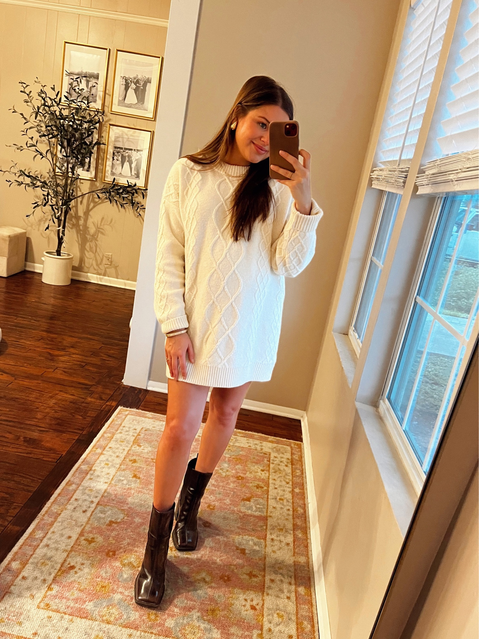 Chunky sweater dress. Super soft and warm. I’m wearing a size XS in this sweater dress but it does run short. 

Show me your Mumu, Canyon Dress, Sweater Dress, Cream Sweater Dress, Holiday Outfit, Winter Attire, Cable Knit Sweater Dress, Square Toe Boots, Brown Booties, Patent Leather Boots, Gold Jewelry, Sam Edelman

#LTKHoliday #LTKstyletip #LTKbump