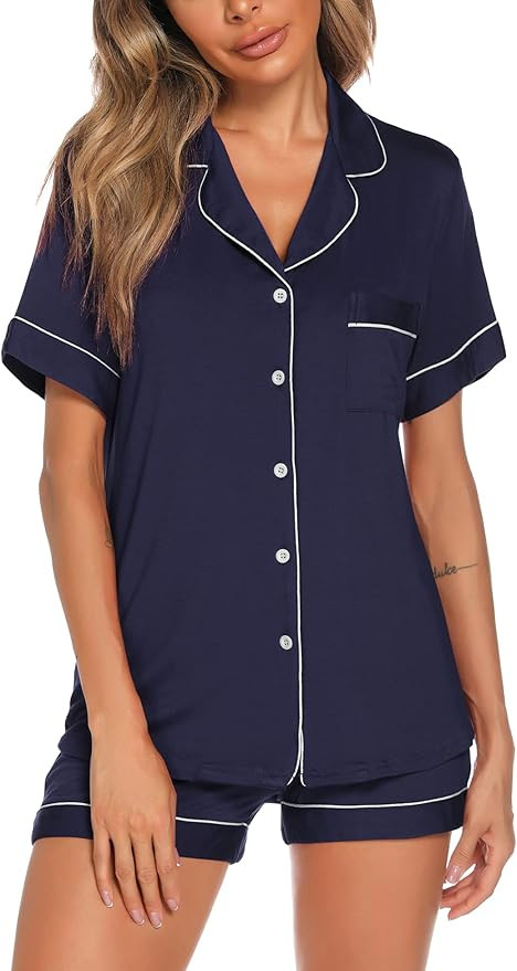 Aamikast Button Up Pajama Set for Women Shorts Short Sleeve Knit Sleepwear 2 Pice Pjs Sets | Amazon (US)