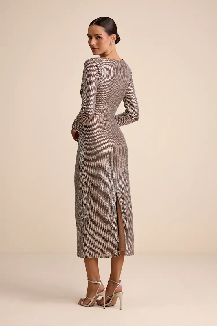 Helena Brown and Silver Sequin Long Sleeve Midi Dress | Lulus