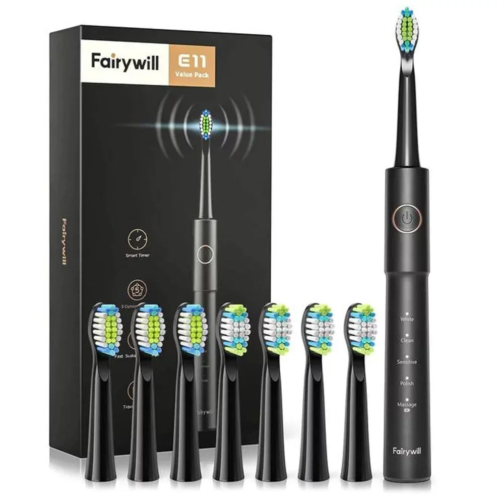 Fairywill E11 Sonic Electric Toothbrush with 5 Modes for Adults, Black | Walmart (US)