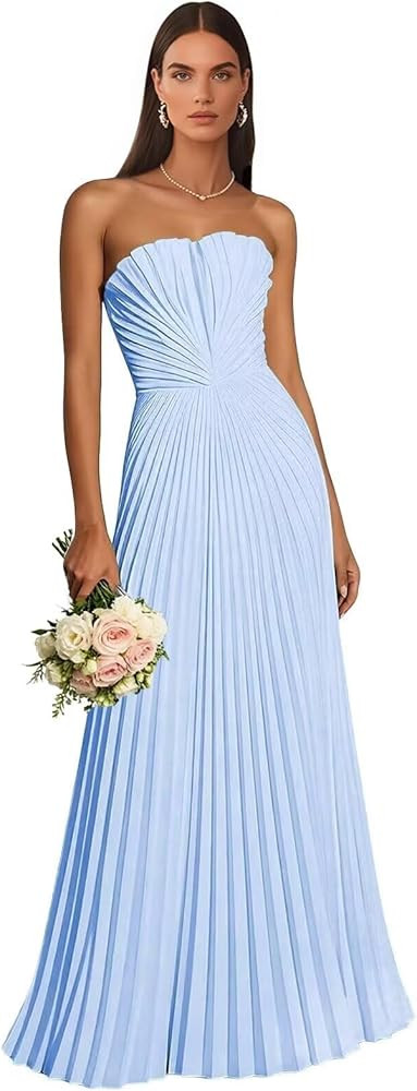 Strapless Chiffon Bridesmaid Dresses Long Pleated Empire Waist Formal Wedding Guest Dress for Wom... | Amazon (US)