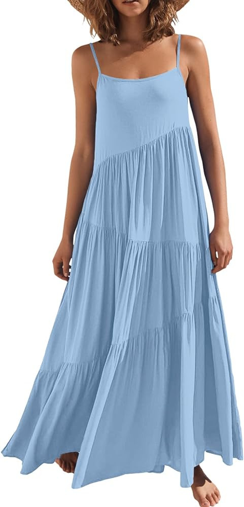 ANRABESS Women’s Summer Casual Loose Sleeveless Spaghetti Strap Asymmetric Tiered Beach Maxi Long Dr | Amazon (US)