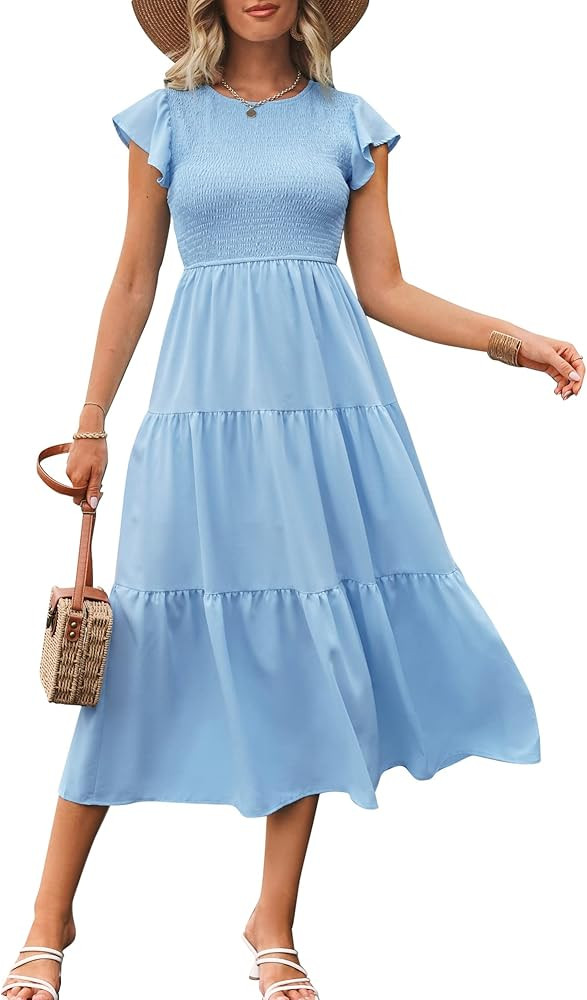 Bequemer Laden Women's Summer Casual Flutter Sleeve Crew Neck Smocked Maxi Dress Tiered Ruffle Fl... | Amazon (US)