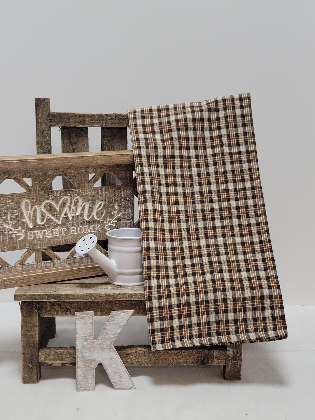 Handmade Cream Rust Brown Plaid Homespun Tea Towel With Hook - Etsy | Etsy (US)