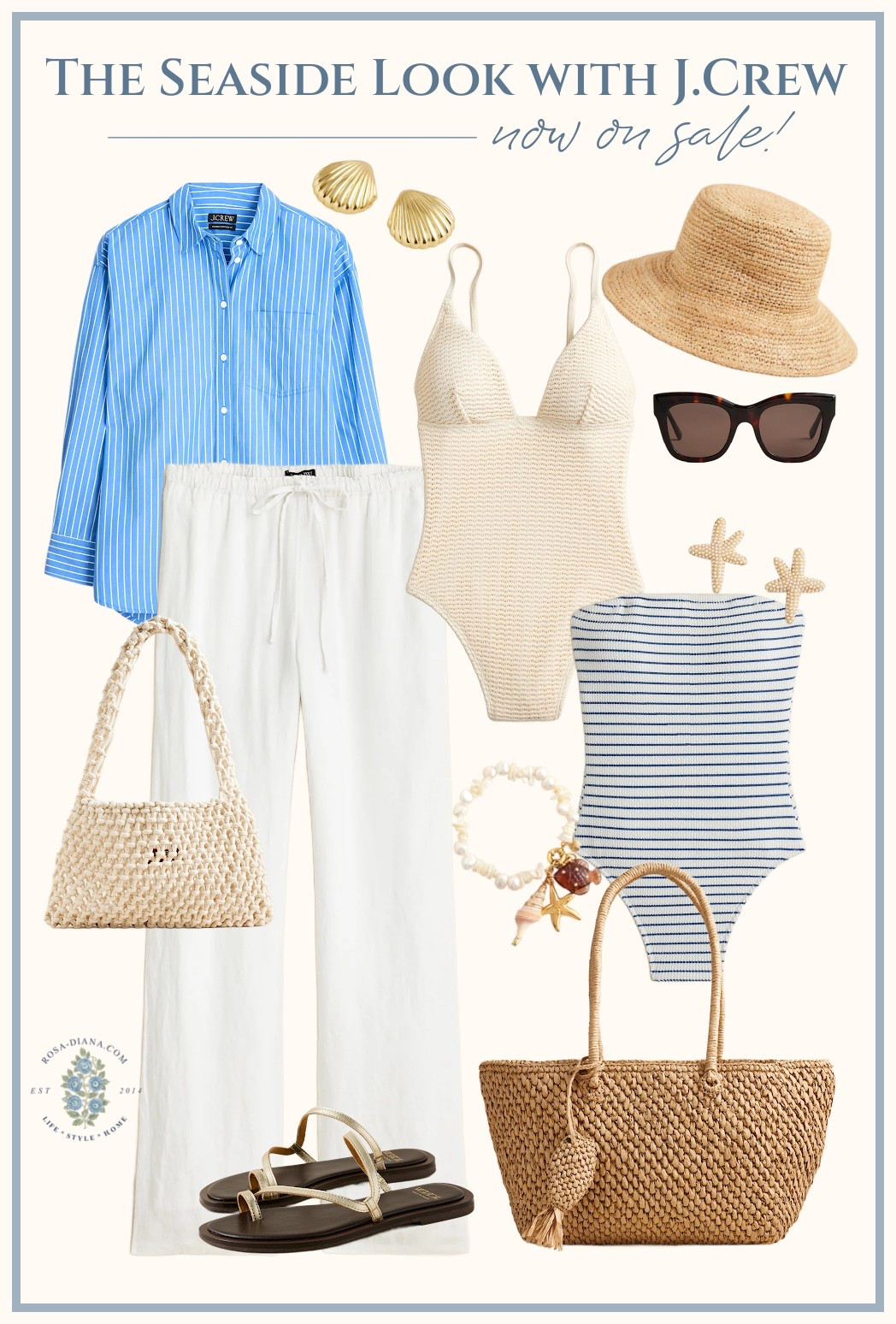 Bringing that easy coastal style into my everyday closet ☀️ these are the perfect neutrals you’d pack for a New England beach trip. Found everything at J.Crew and a bunch of it’s on sale right now! 

beach vacation outfit ideas, seaside wardrobe, coastal style outfits, striped shirt style, linen pants, swimsuits, bucket hat, rattan totes, shell earrings 
#coastalstyle

#LTKStyleTip #LTKSeasonal #LTKSaleAlert