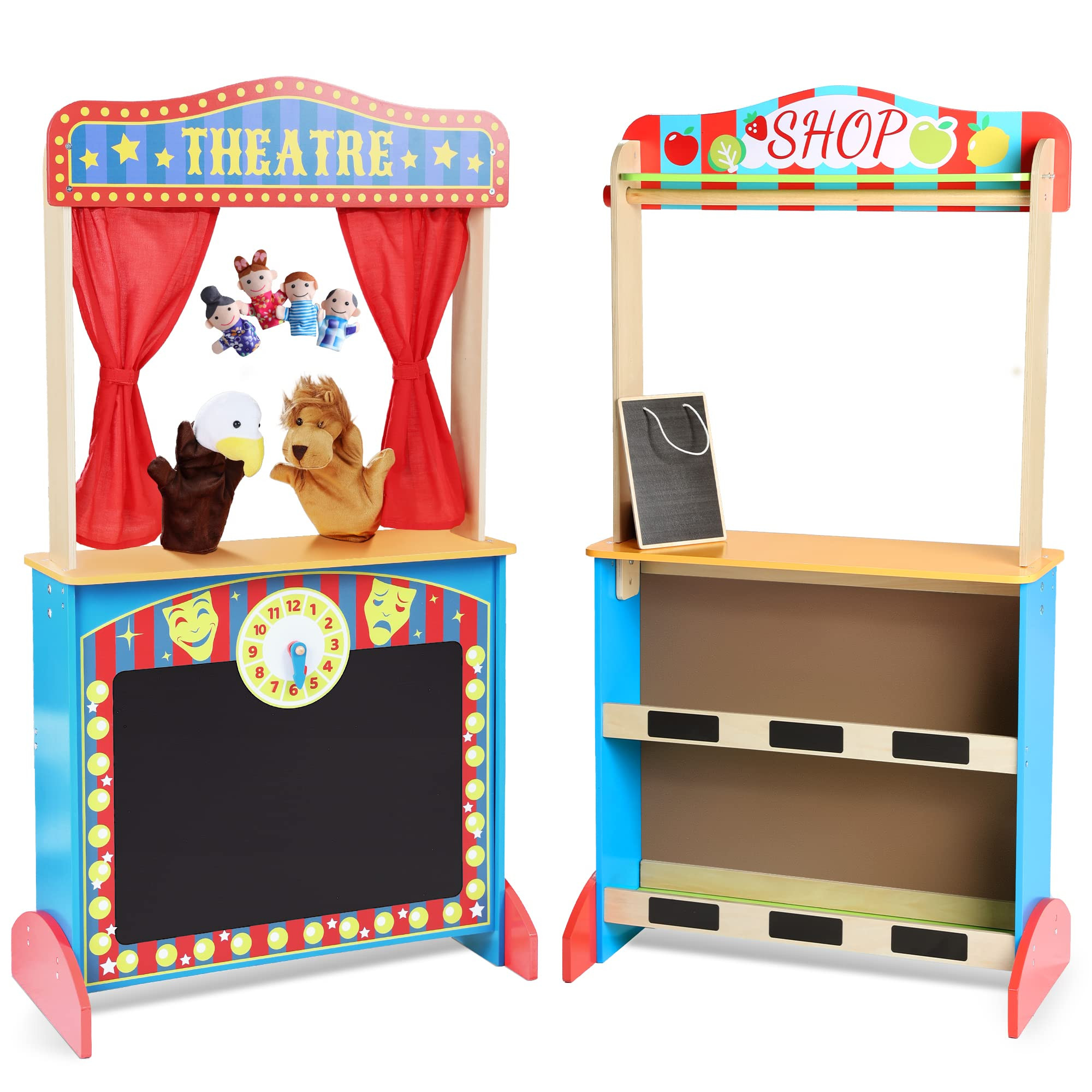 Deluxe Wooden Puppet Theater with Curtains, Blackboard and Clock, Double-Sided Play Store 3-8Y & ... | Amazon (US)