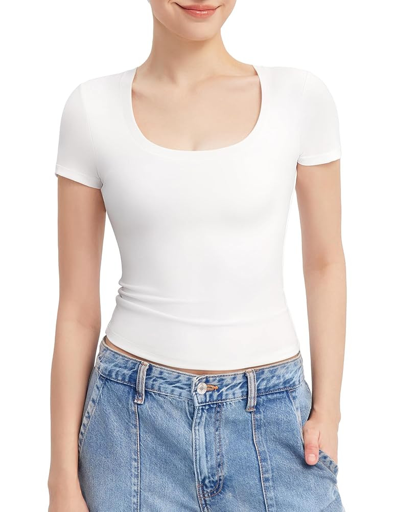 PUMIEY Women's T Shirts Short Sleeve Scoop Neck Basic Going Out Tops Fashion Slim Fit Tee Smoke C... | Amazon (US)