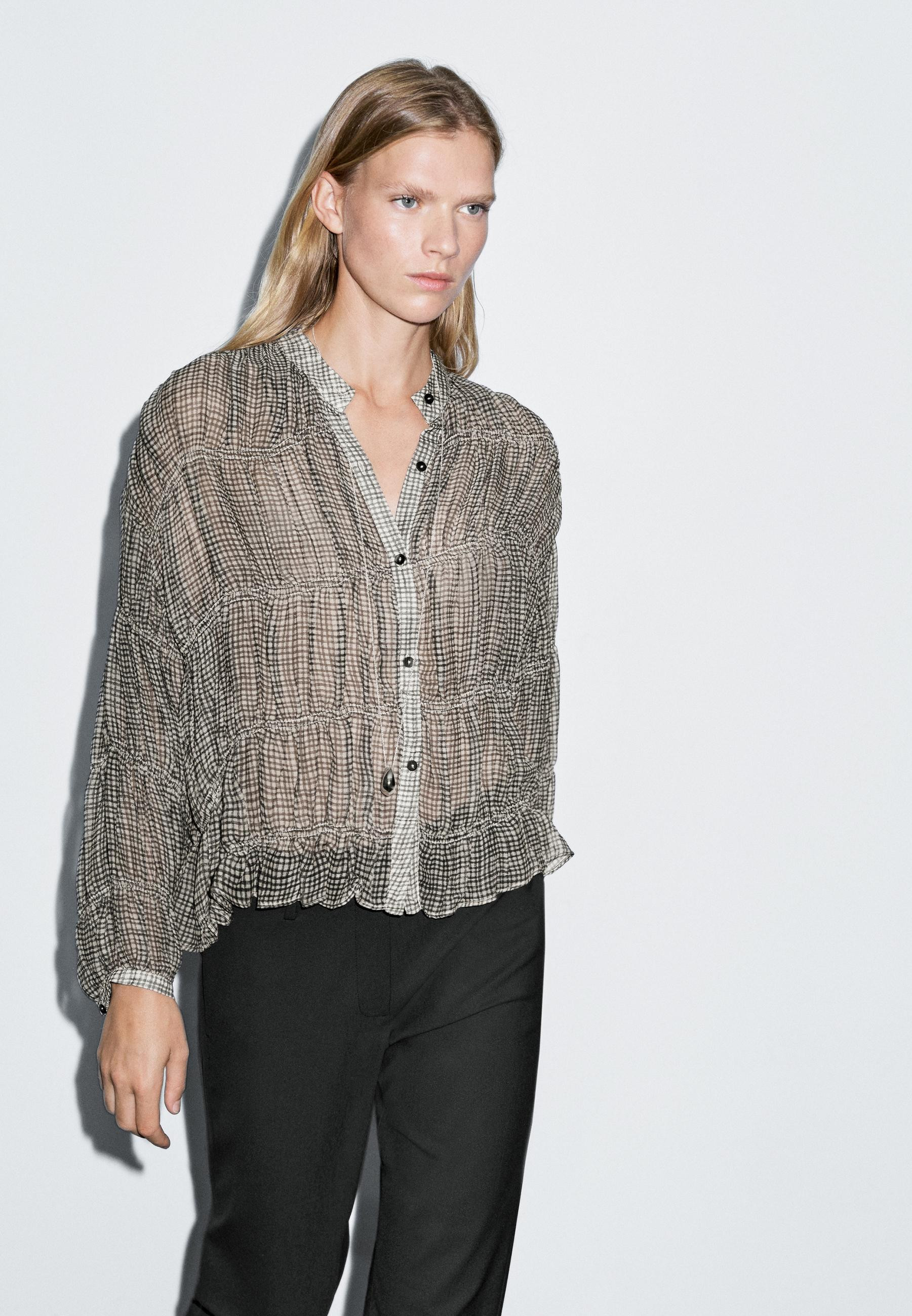 Gathered gingham shirt | Massimo Dutti US