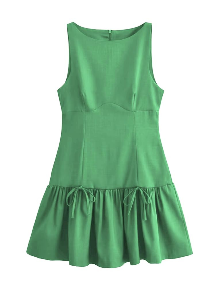 Womens Sleeveless Pleated Dress Girdling A Line Solid Color Pullover Round Neck Bow Zipper Back M... | Amazon (US)